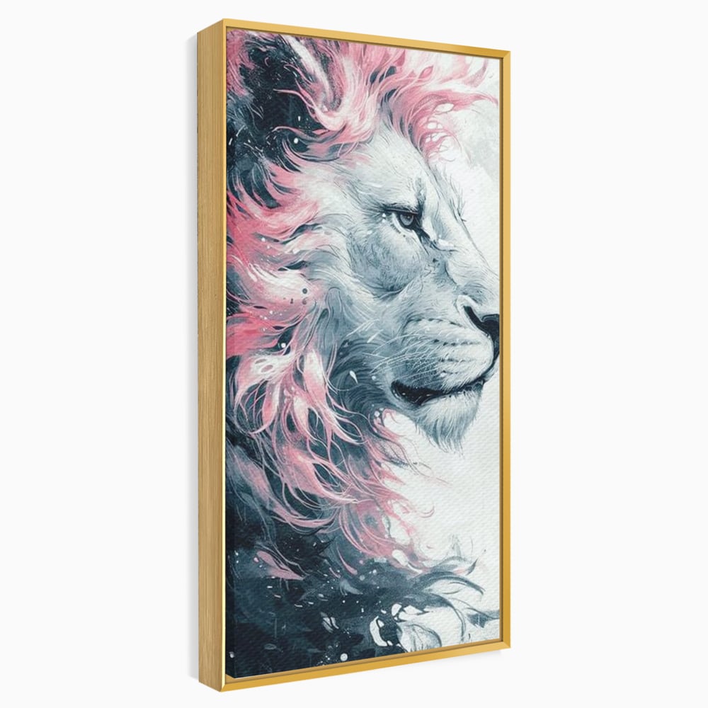 Tablou canvas cu tablou canvas cu leu in profil, in rama de aluminiu auriu