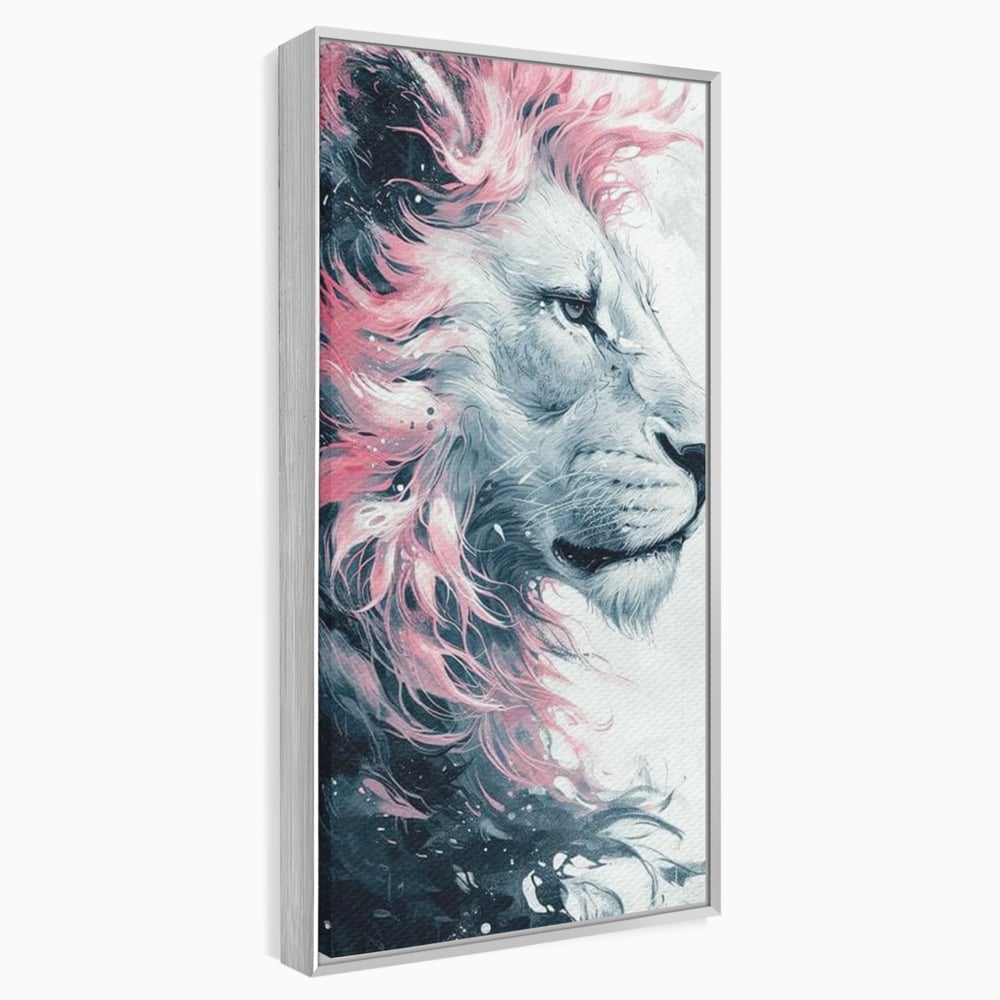 Tablou canvas cu tablou canvas cu leu in profil, in rama de aluminiu argintiu