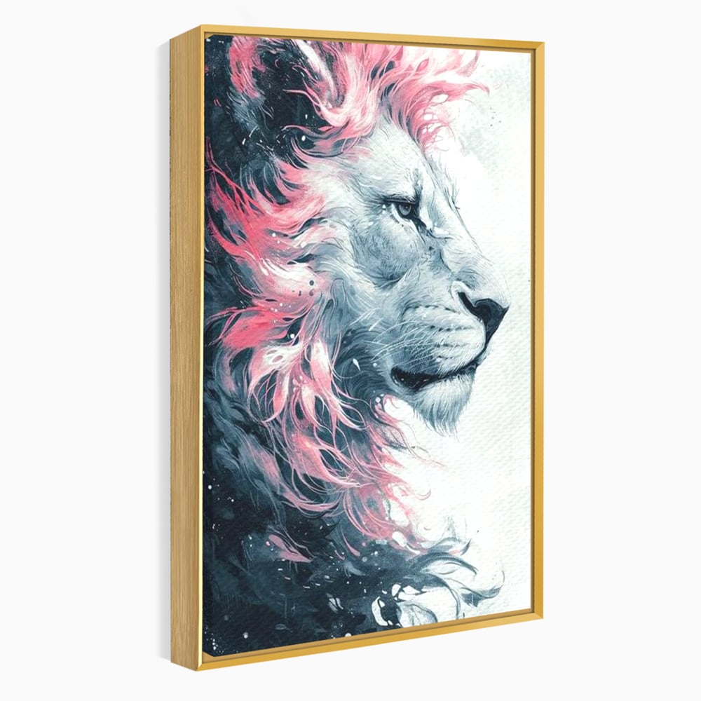 Tablou canvas cu tablou canvas cu leu in profil, in rama de aluminiu auriu