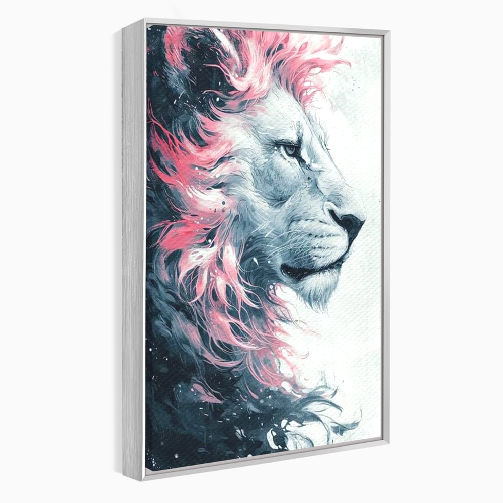 Tablou canvas cu tablou canvas cu leu in profil, in rama de aluminiu argintiu