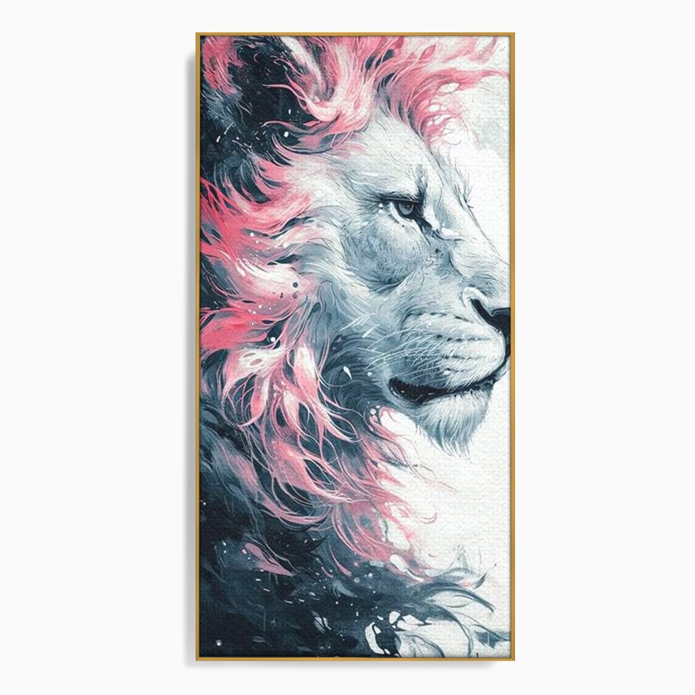 Tablou canvas cu tablou canvas cu leu in profil, in rama de aluminiu auriu