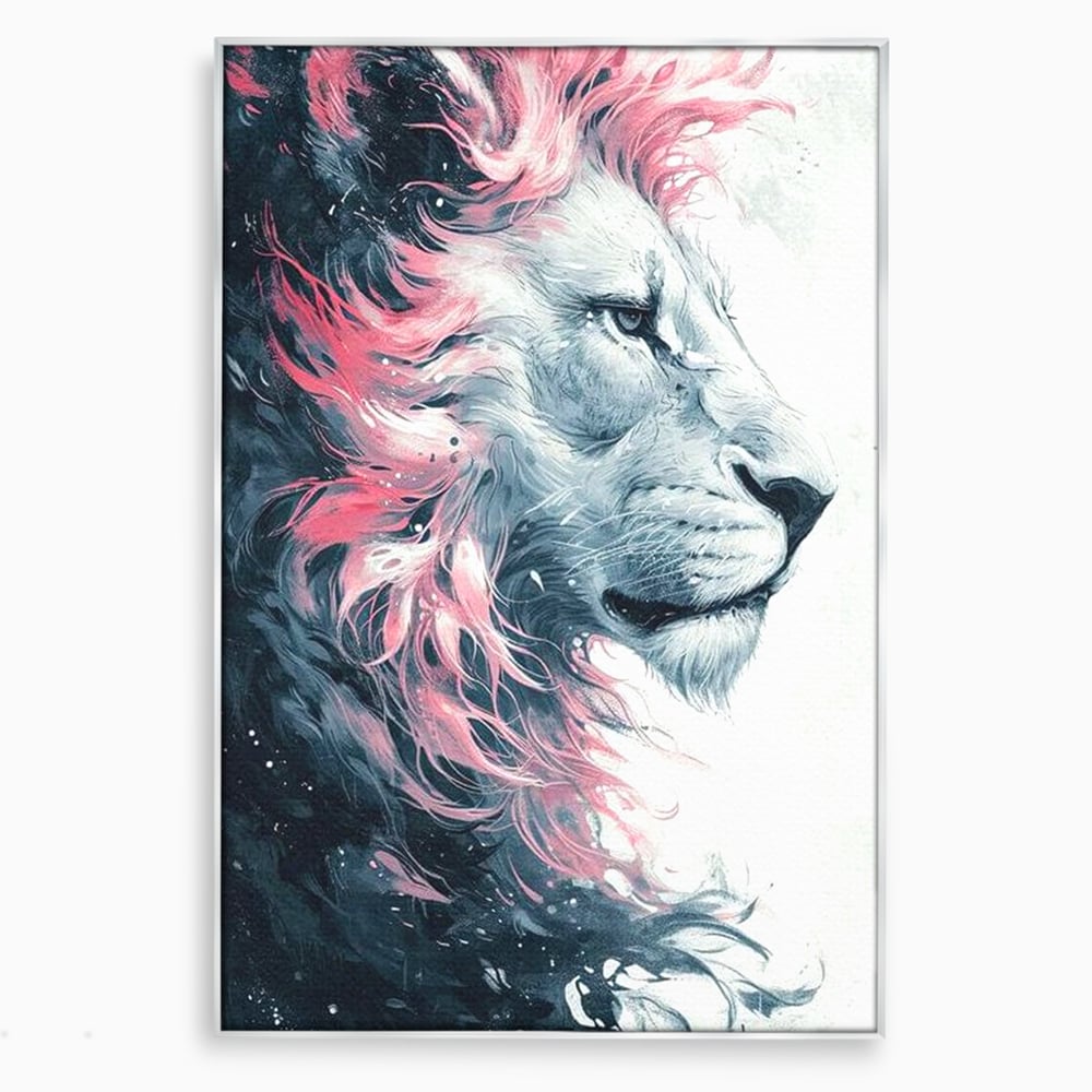 Tablou canvas cu tablou canvas cu leu in profil, in rama de aluminiu argintiu