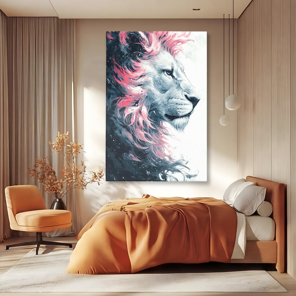 Tablou canvas cu tablou canvas cu leu in profil, fara rama, pe sasiu de lemn, pe perete intr-un dormitor