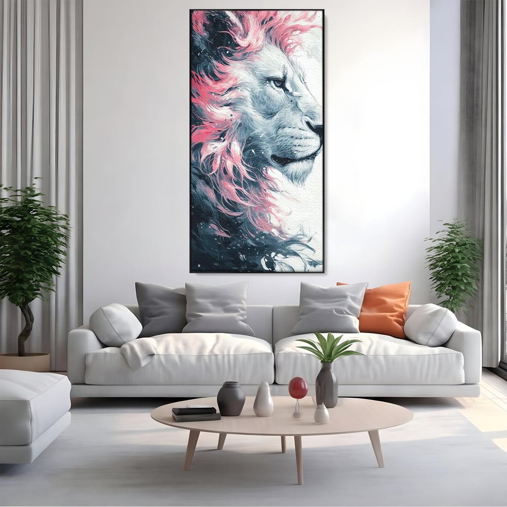 Tablou canvas cu tablou canvas cu leu in profil, in rama de aluminiu negru, pe perete intr-un living