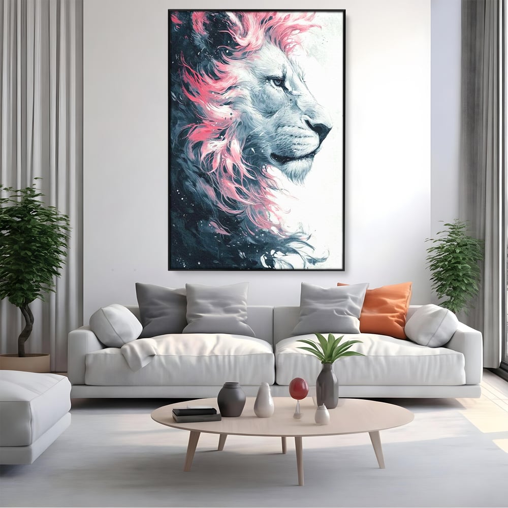 Tablou canvas cu tablou canvas cu leu in profil, in rama de aluminiu negru, pe perete intr-un living
