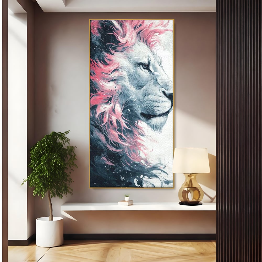 Tablou canvas cu tablou canvas cu leu in profil, in rama de aluminiu auriu