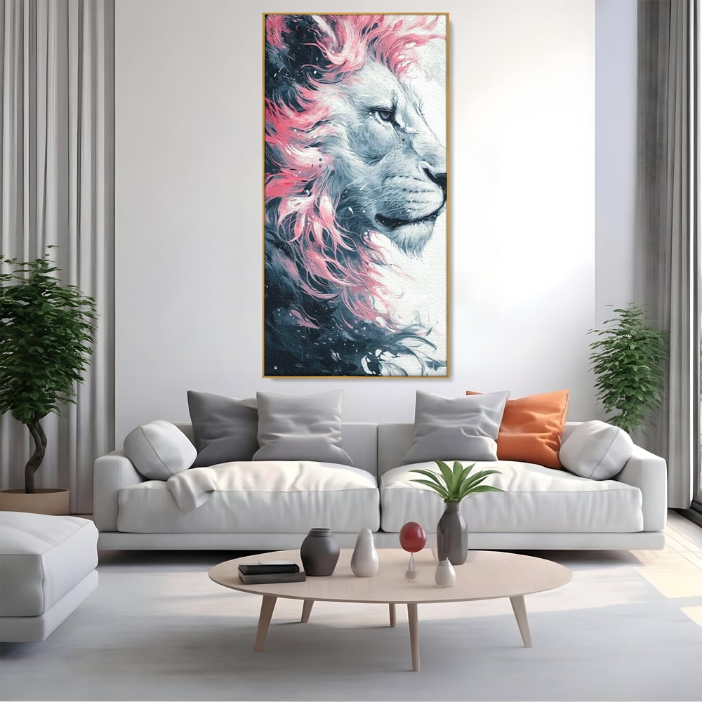 Tablou canvas cu tablou canvas cu leu in profil, in rama de aluminiu auriu, pe perete intr-un living