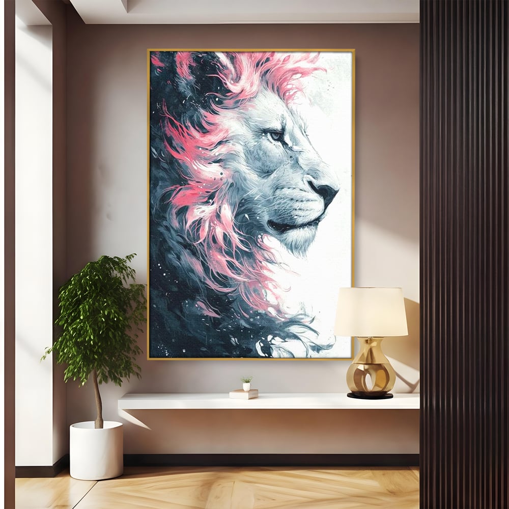 Tablou canvas cu tablou canvas cu leu in profil, in rama de aluminiu auriu