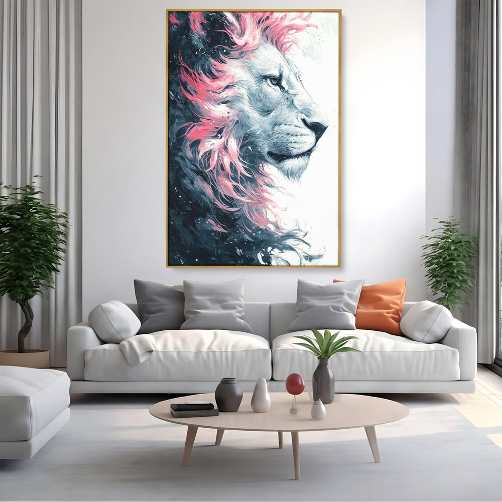 Tablou canvas cu tablou canvas cu leu in profil, in rama de aluminiu auriu, pe perete intr-un living