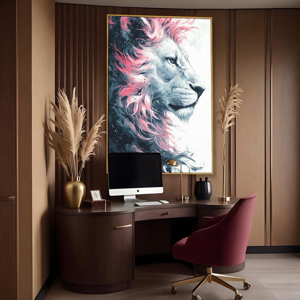 Tablou canvas cu tablou canvas cu leu in profil, in rama de aluminiu auriu, pe perete intr-un birou