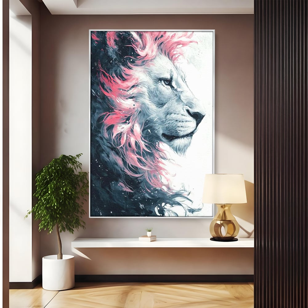 Tablou canvas cu tablou canvas cu leu in profil, in rama de aluminiu argintiu