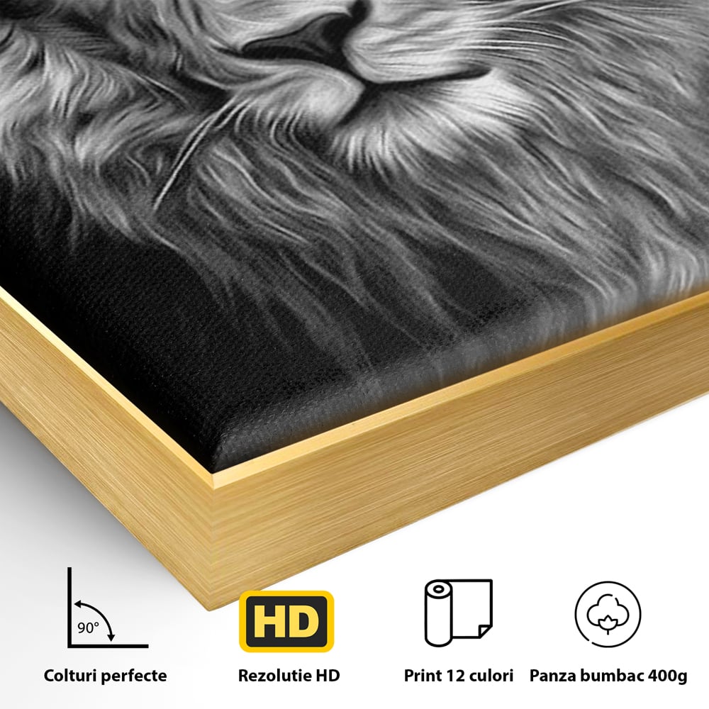 Detaliu al suprafetei: tablou canvas cu leu alb negru, in rama de aluminiu auriu