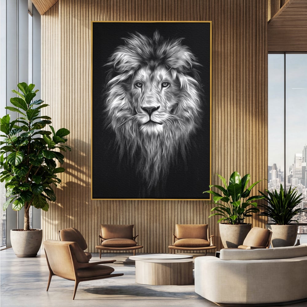 Tablou canvas cu tablou canvas cu leu alb negru, in rama de aluminiu auriu, pe perete intr-un birou