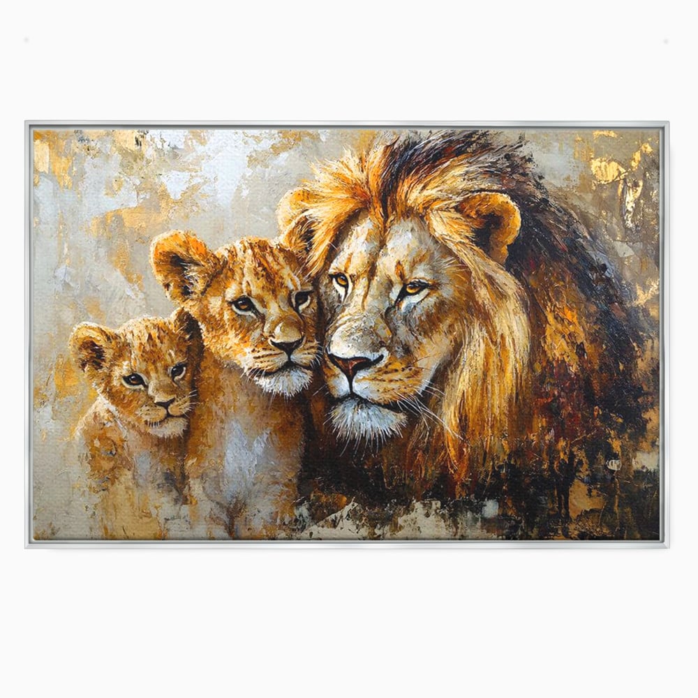 Tablou canvas cu tablou cu leu adult si doi pui, in rama de aluminiu argintiu