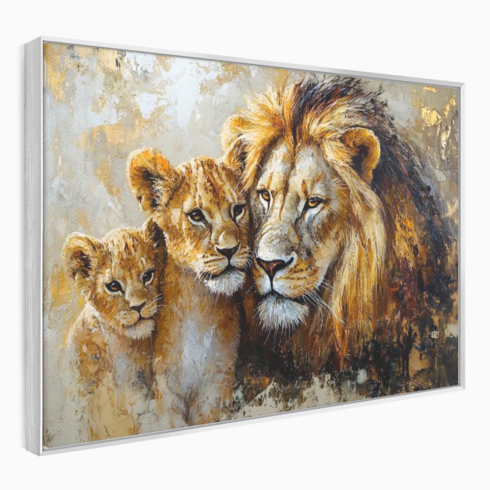 Tablou canvas cu tablou cu leu adult si doi pui, in rama de aluminiu argintiu