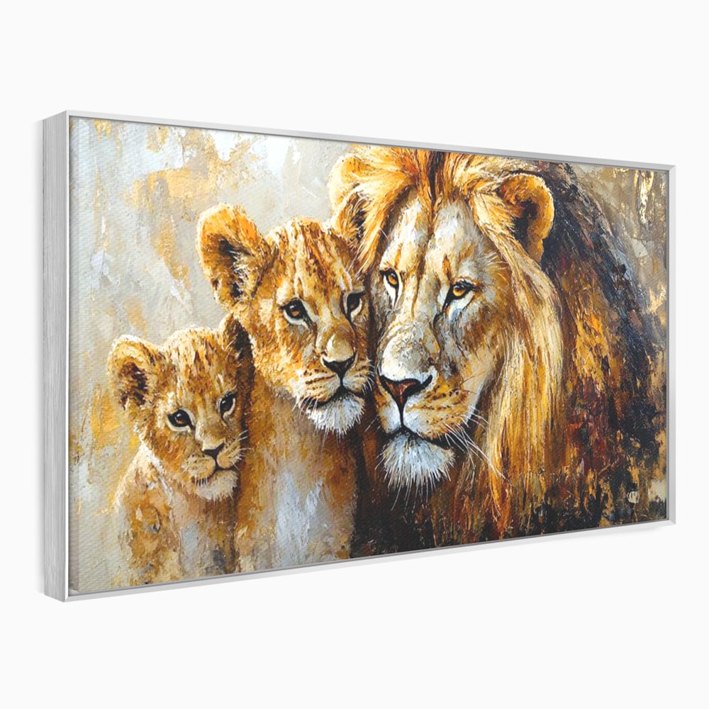 Tablou canvas cu tablou cu leu adult si doi pui, in rama de aluminiu argintiu