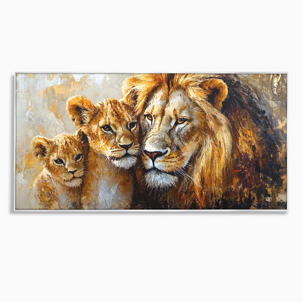 Tablou canvas cu tablou cu leu adult si doi pui, in rama de aluminiu argintiu