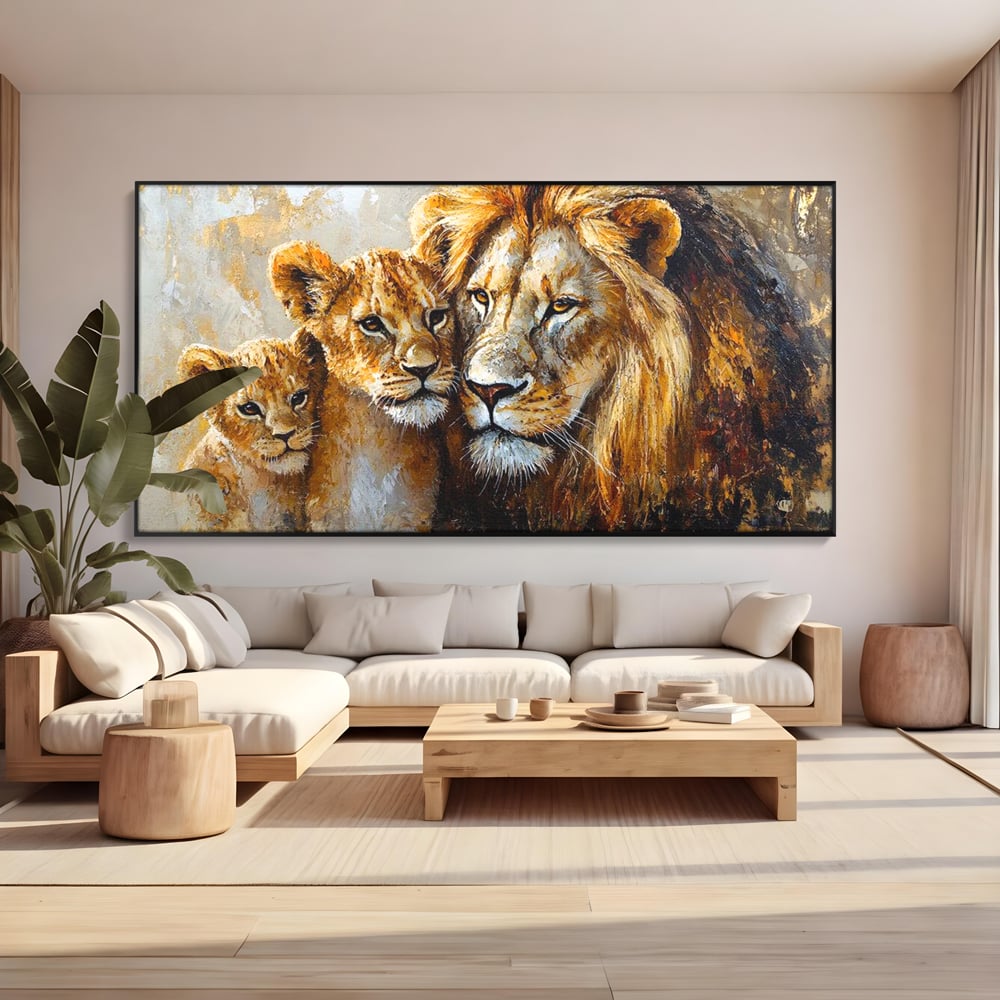 Tablou canvas cu tablou cu leu adult si doi pui, in rama de aluminiu negru, pe perete intr-un living