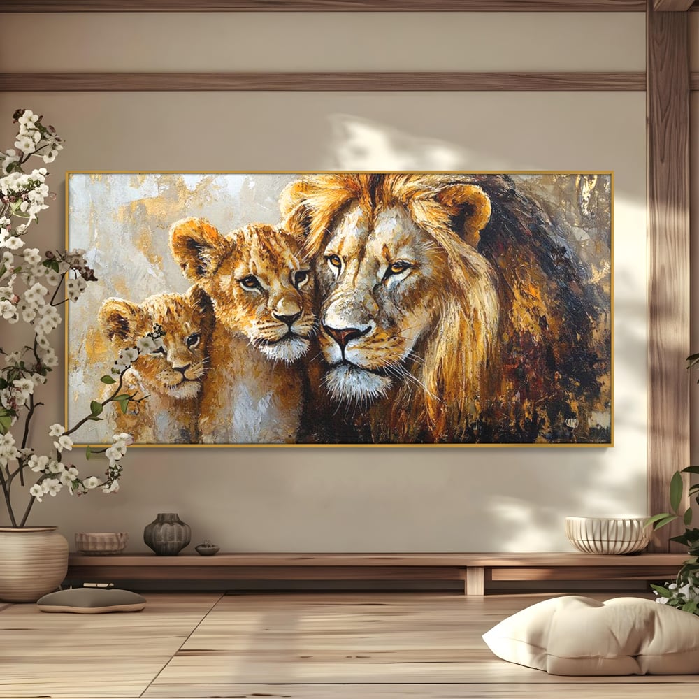 Tablou canvas cu tablou cu leu adult si doi pui, in rama de aluminiu auriu