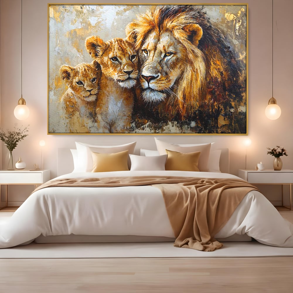 Tablou canvas cu tablou cu leu adult si doi pui, in rama de aluminiu auriu, pe perete intr-un dormitor