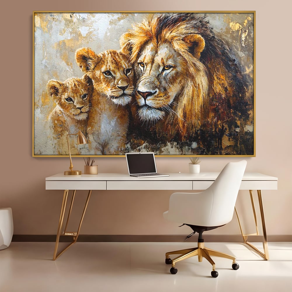Tablou canvas cu tablou cu leu adult si doi pui, in rama de aluminiu auriu, pe perete intr-un birou