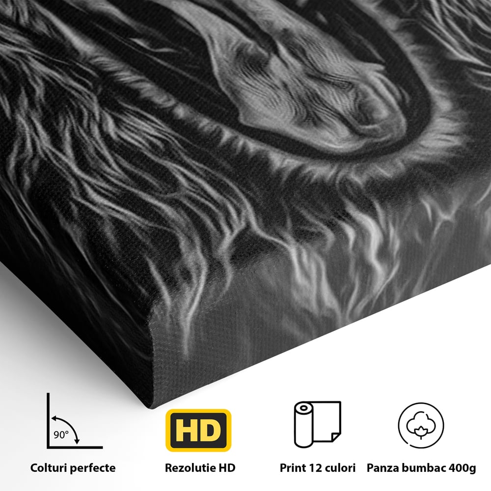 Tablou Canvas cu Leu Care Raguseste, Alb si Negru, M1385