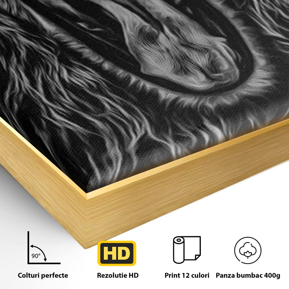 Tablou Canvas cu Leu Care Raguseste, Alb si Negru, M1385
