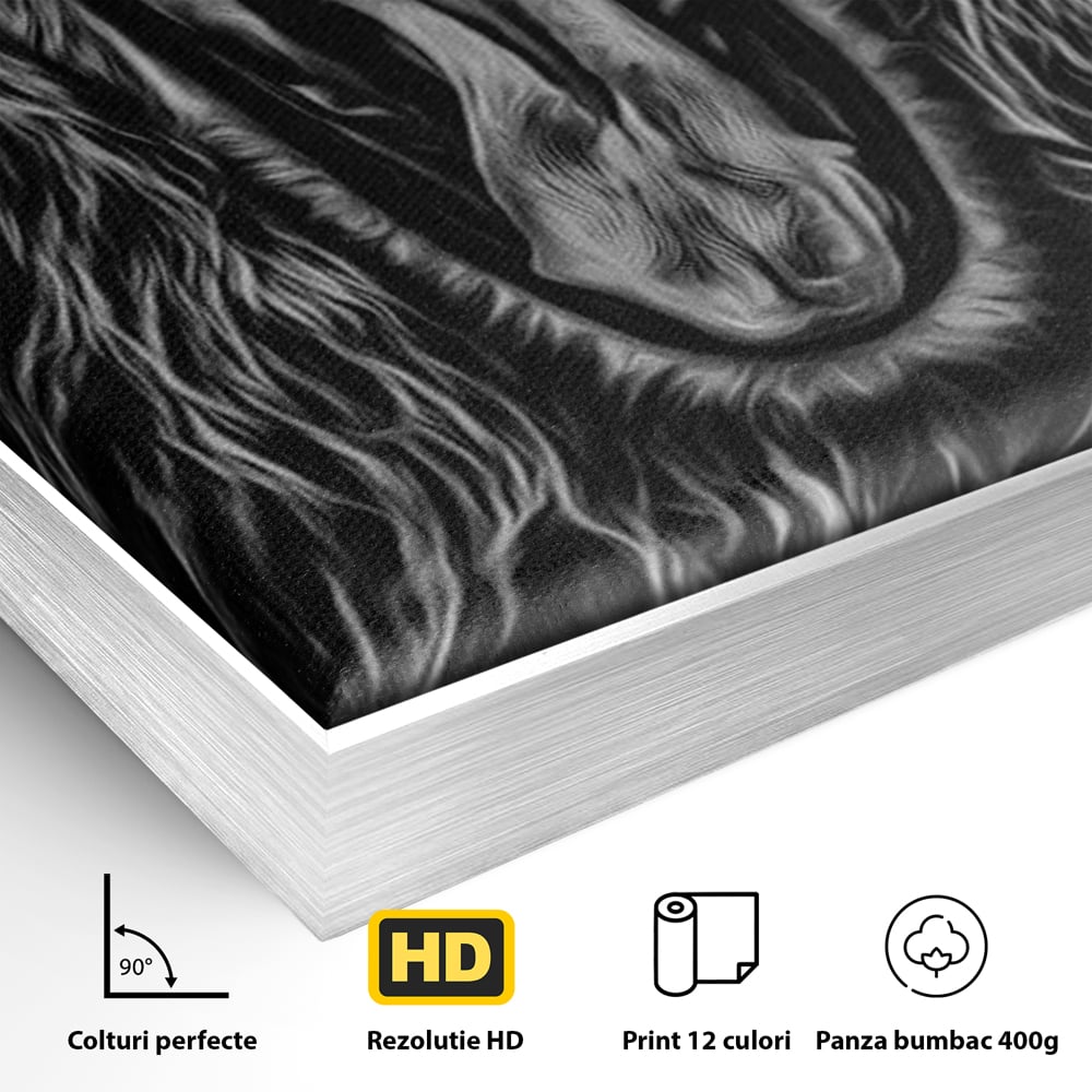 Tablou Canvas cu Leu Care Raguseste, Alb si Negru, M1385