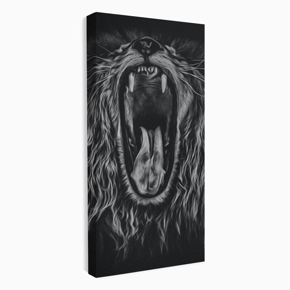 Tablou Canvas cu Leu Care Raguseste, Alb si Negru, M1385