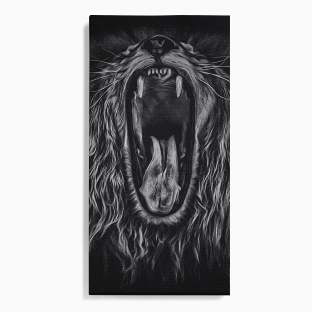 Tablou Canvas cu Leu Care Raguseste, Alb si Negru, M1385