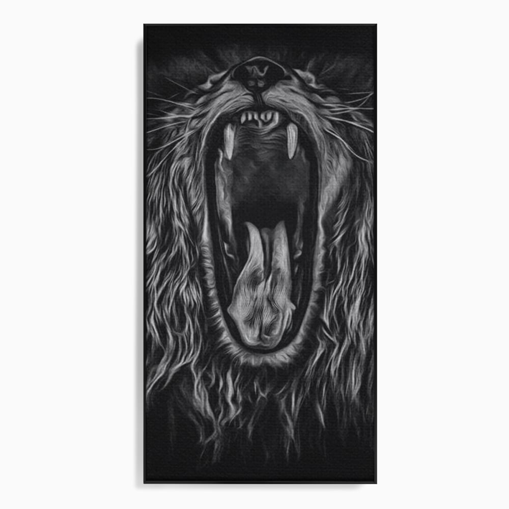 Tablou Canvas cu Leu Care Raguseste, Alb si Negru, M1385