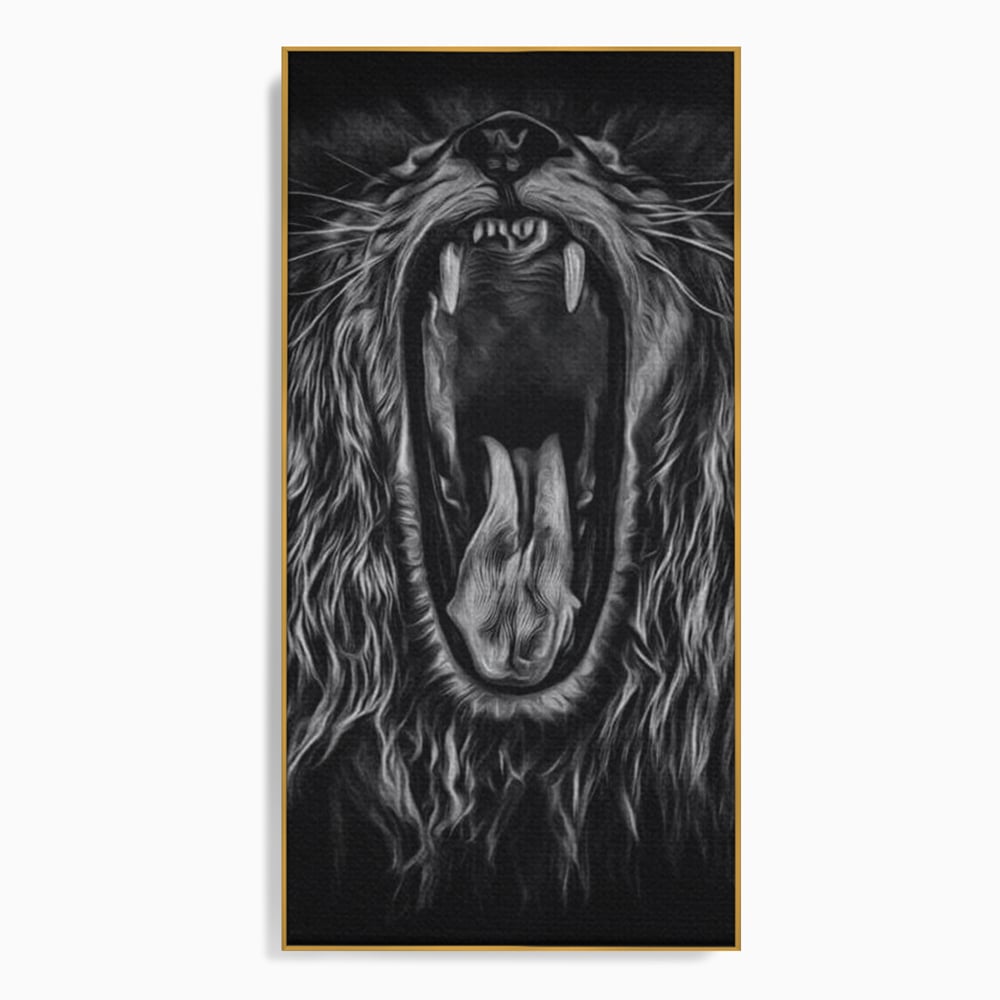 Tablou Canvas cu Leu Care Raguseste, Alb si Negru, M1385