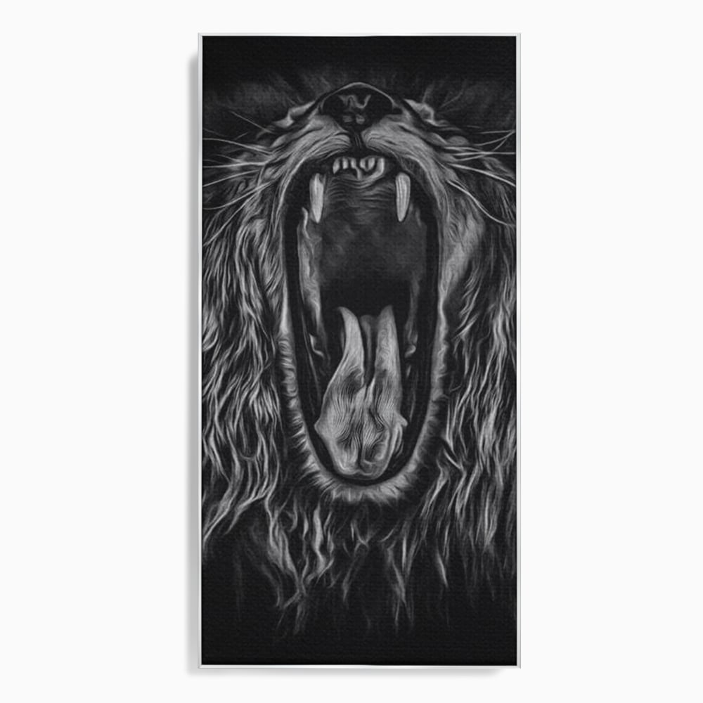 Tablou Canvas cu Leu Care Raguseste, Alb si Negru, M1385