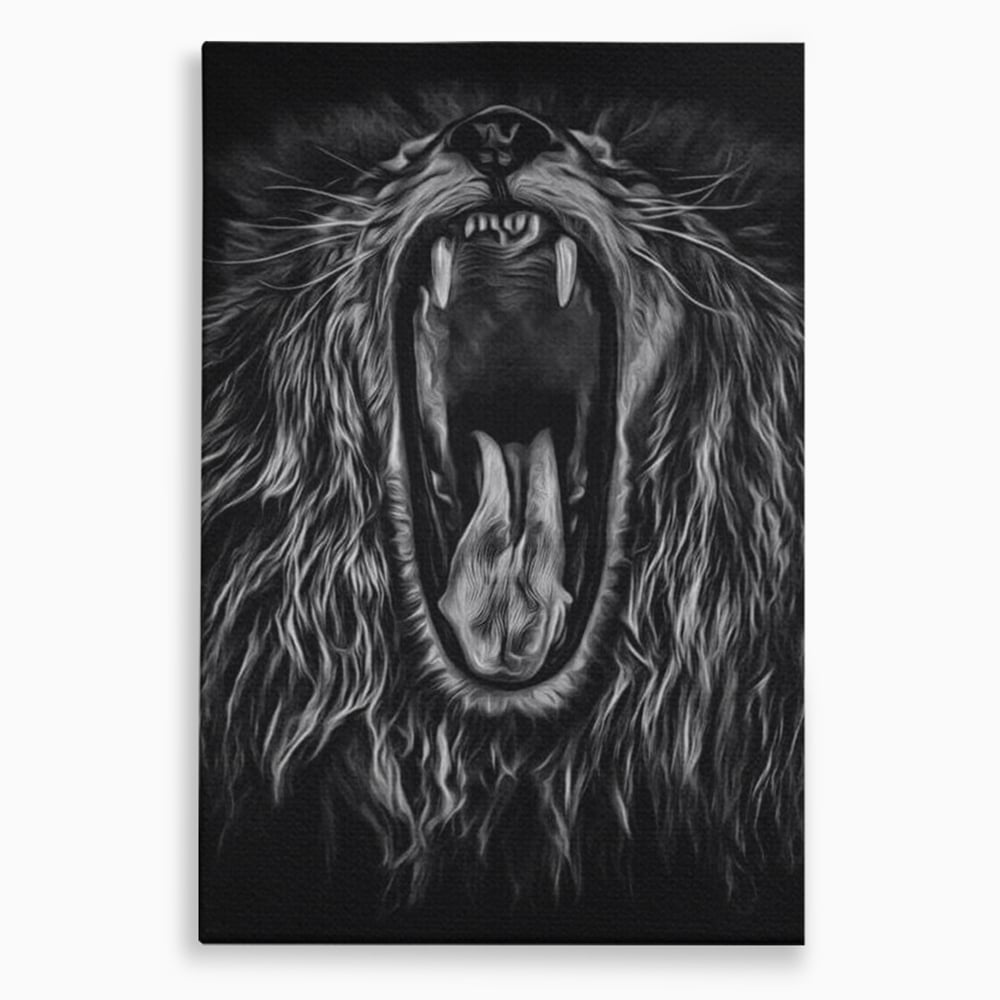 Tablou Canvas cu Leu Care Raguseste, Alb si Negru, M1385