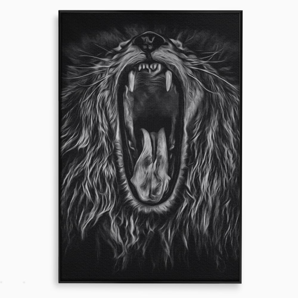 Tablou Canvas cu Leu Care Raguseste, Alb si Negru, M1385