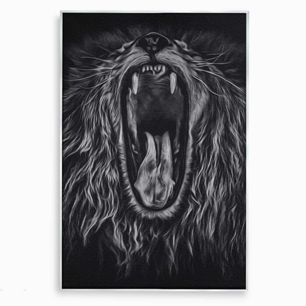 Tablou Canvas cu Leu Care Raguseste, Alb si Negru, M1385