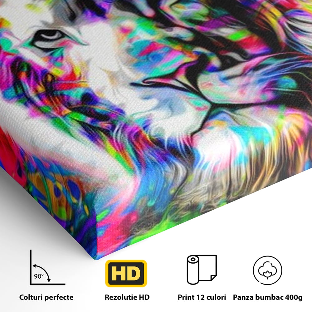 Detaliu al suprafetei: tablou canvas cu leu in culori neon, fara rama, pe sasiu de lemn