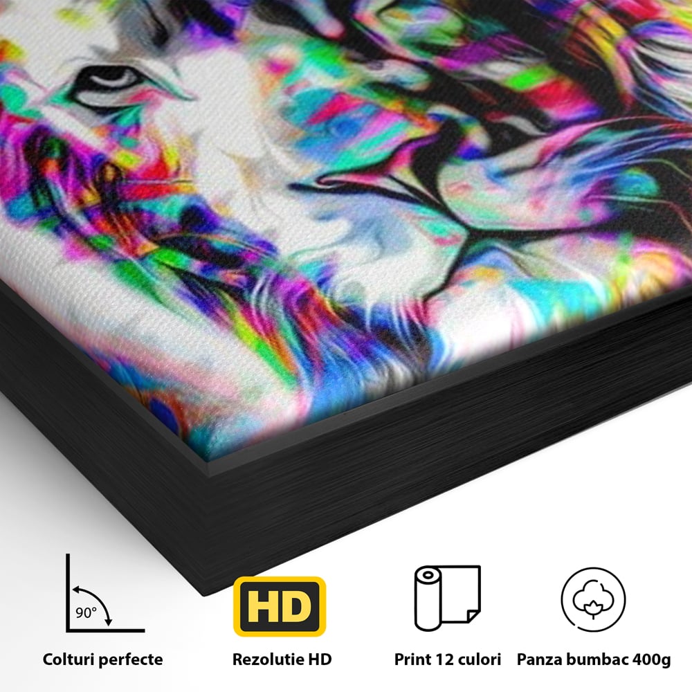 Detaliu al suprafetei: tablou canvas cu leu in culori neon, in rama de aluminiu negru
