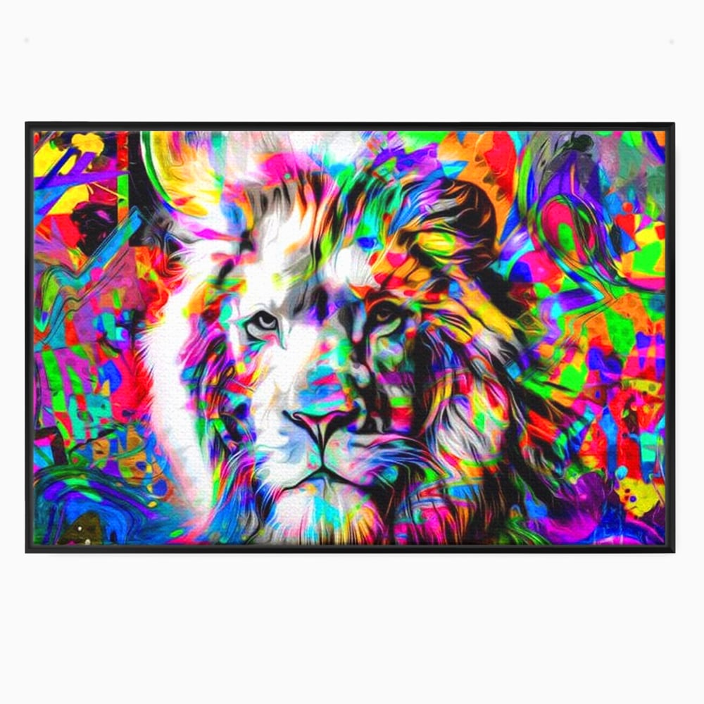 Tablou canvas cu tablou canvas cu leu in culori neon, in rama de aluminiu negru