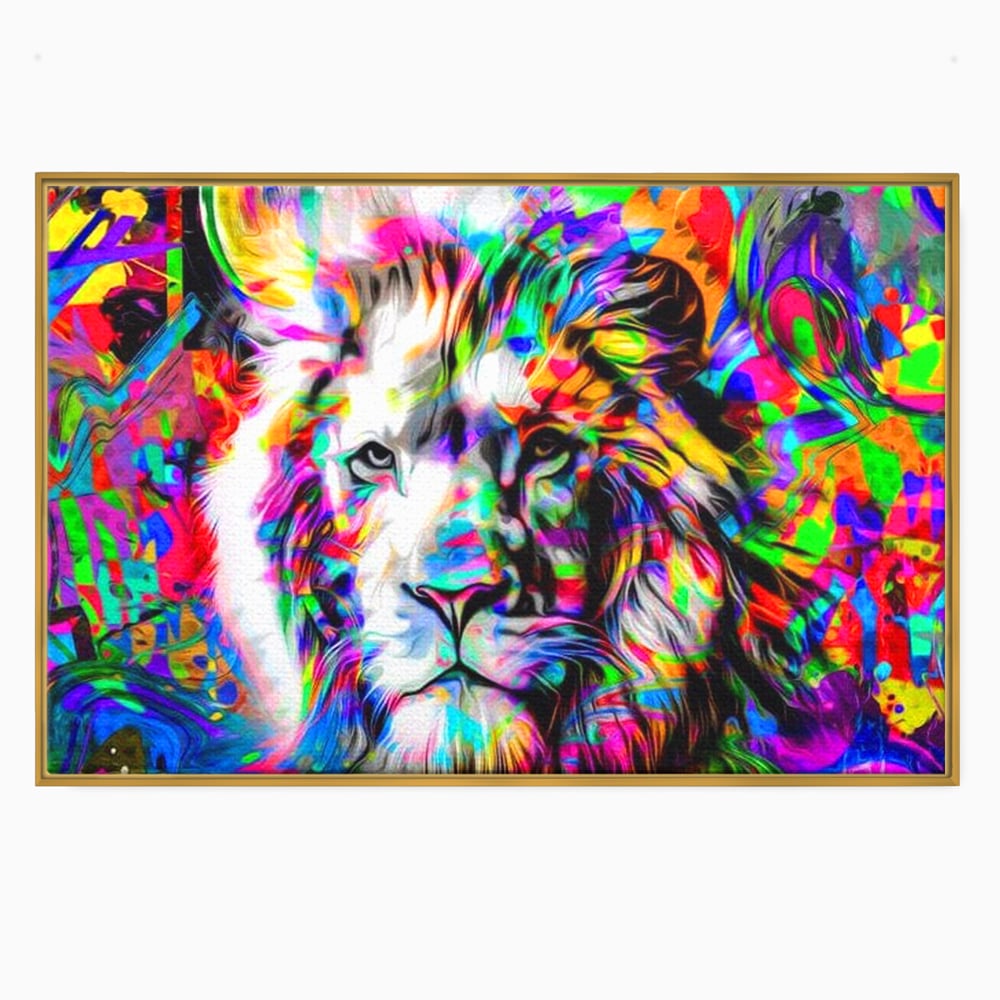 Tablou canvas cu tablou canvas cu leu in culori neon, in rama de aluminiu auriu
