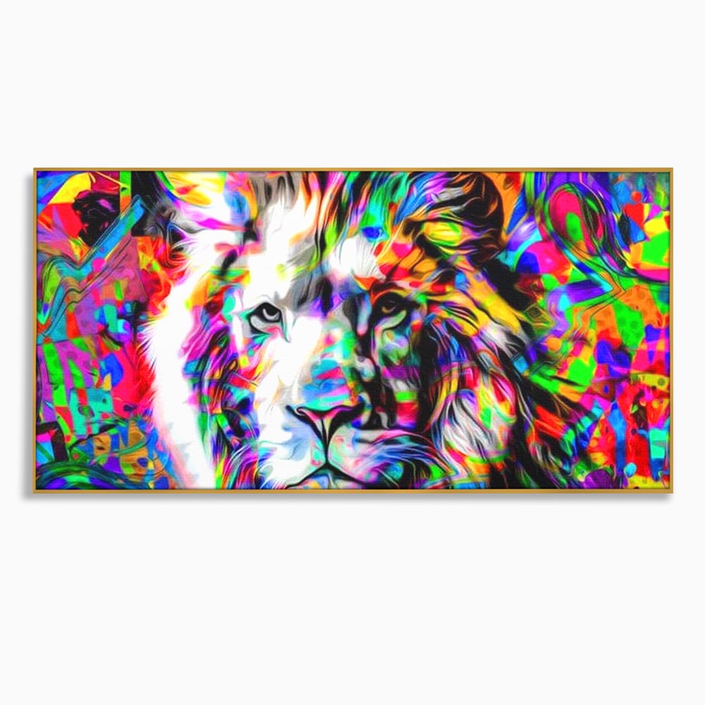 Tablou canvas cu tablou canvas cu leu in culori neon, in rama de aluminiu auriu