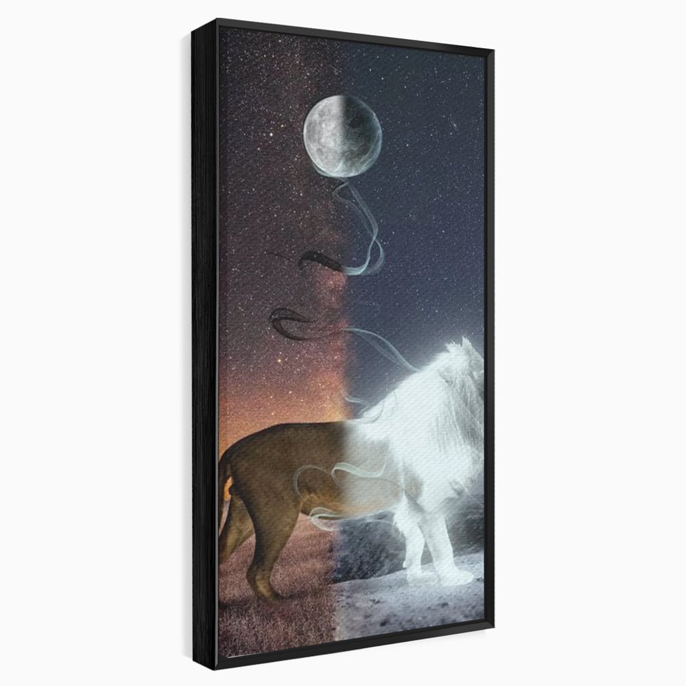Tablou canvas cu tablou canvas cu leu si luna, in rama de aluminiu negru