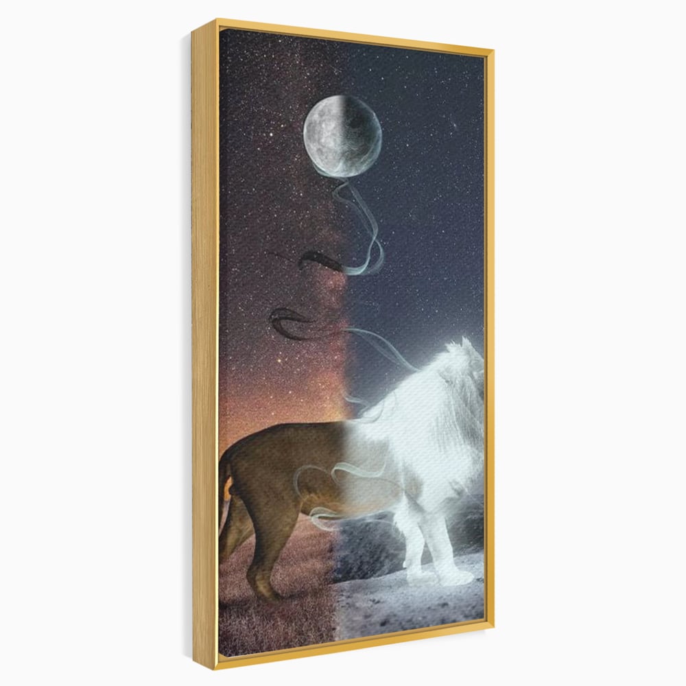 Tablou canvas cu tablou canvas cu leu si luna, in rama de aluminiu auriu