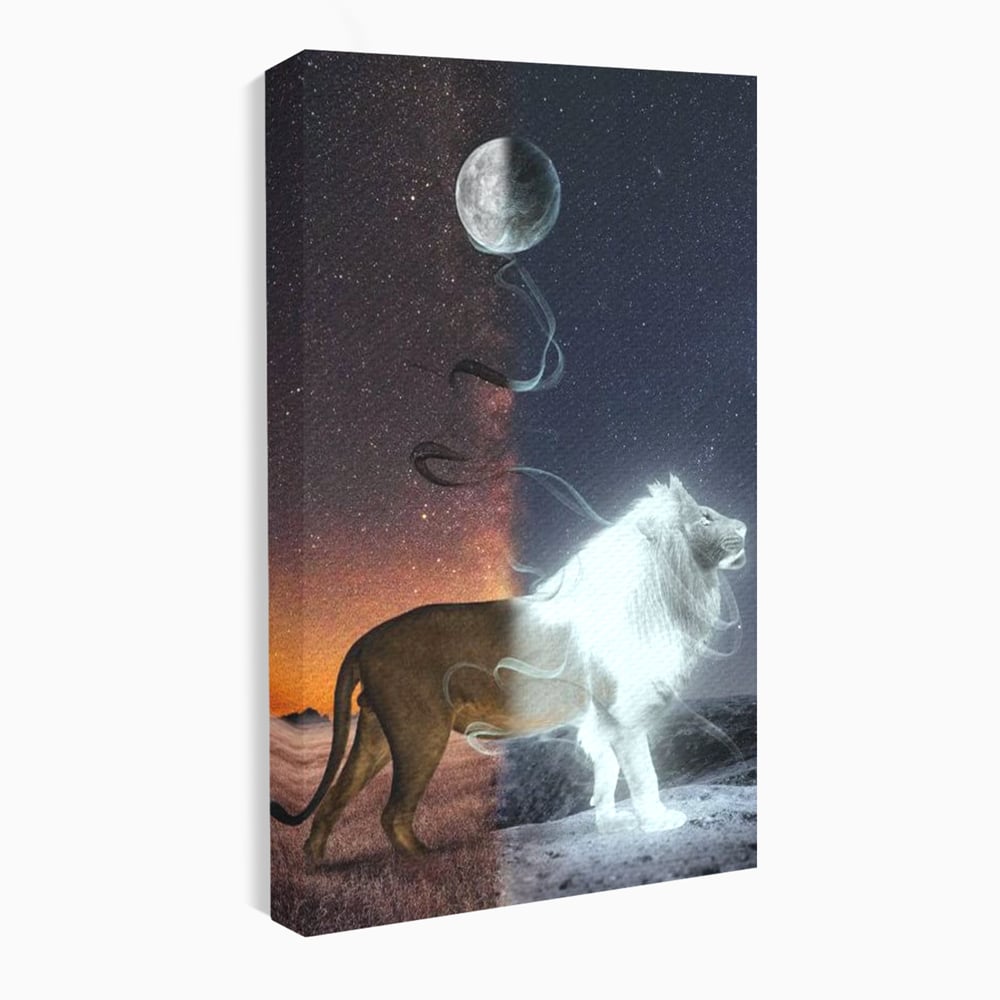 Tablou canvas cu tablou canvas cu leu si luna, fara rama, pe sasiu de lemn