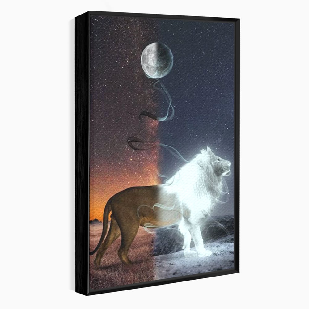 Tablou canvas cu tablou canvas cu leu si luna, in rama de aluminiu negru