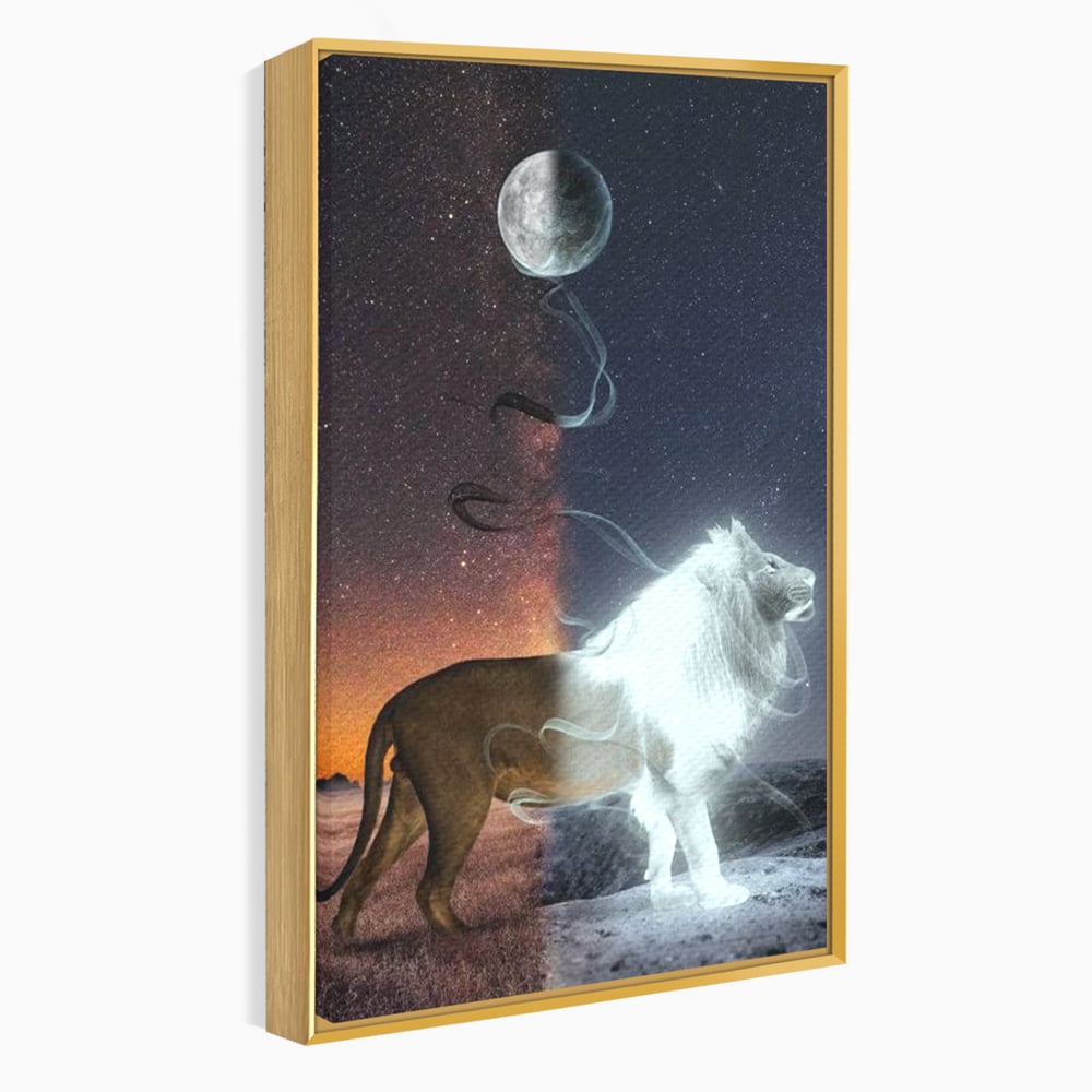 Tablou canvas cu tablou canvas cu leu si luna, in rama de aluminiu auriu