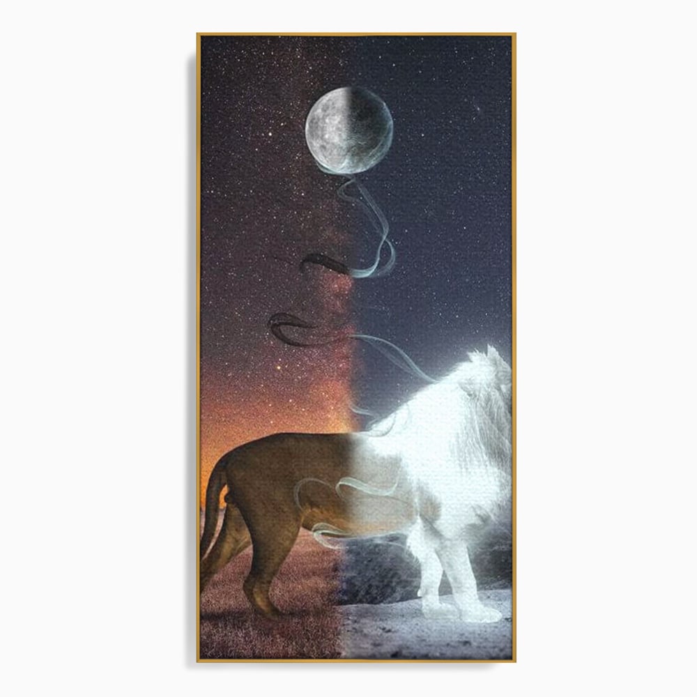 Tablou canvas cu tablou canvas cu leu si luna, in rama de aluminiu auriu