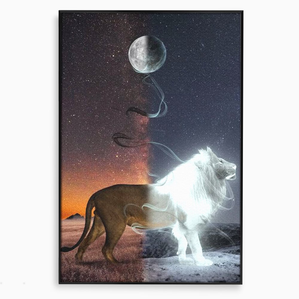 Tablou canvas cu tablou canvas cu leu si luna, in rama de aluminiu negru