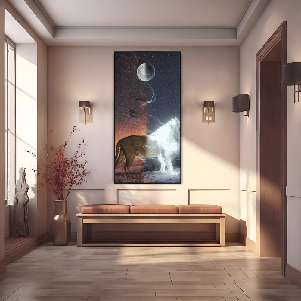 Tablou canvas cu tablou canvas cu leu si luna, in rama de aluminiu negru