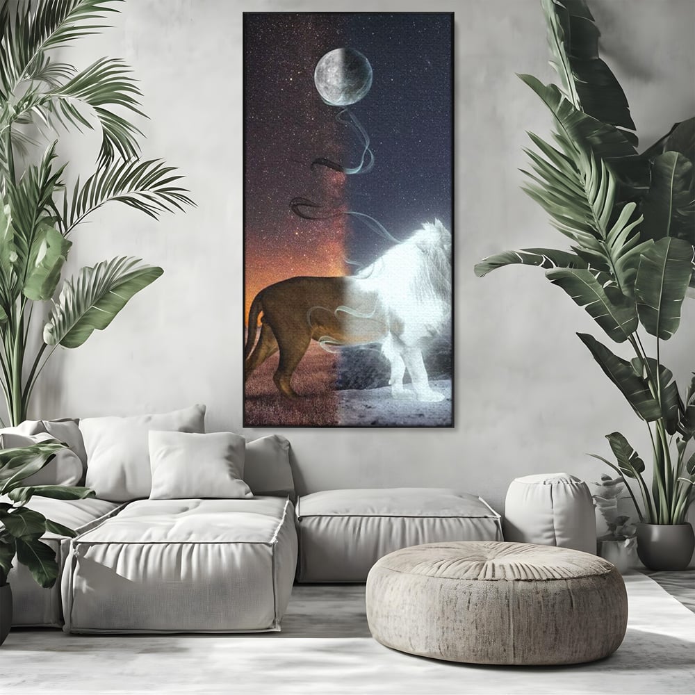 Tablou canvas cu tablou canvas cu leu si luna, in rama de aluminiu negru, pe perete intr-un living